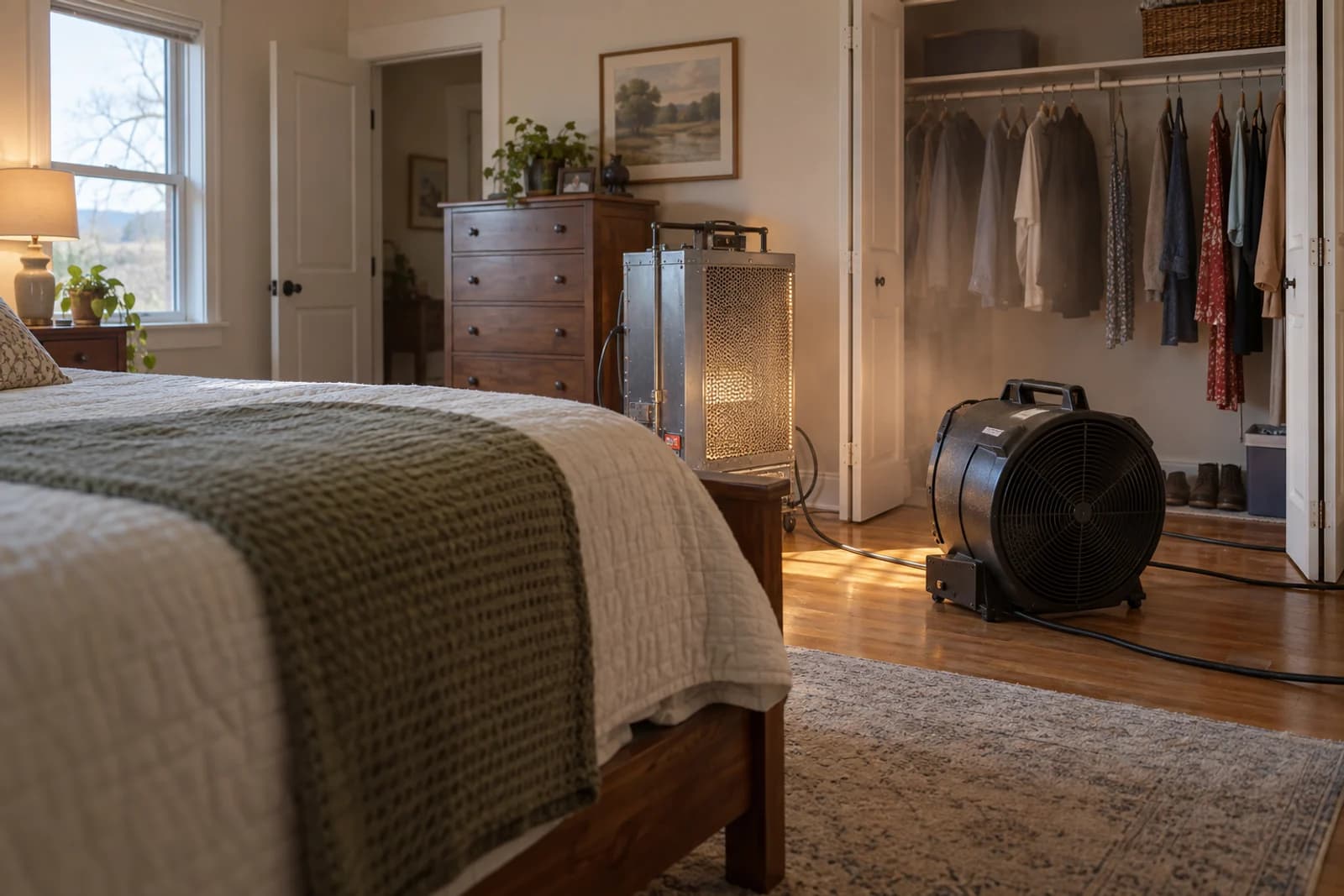 Air mover directing heated air into an open closet during a whole-room heat treatment.