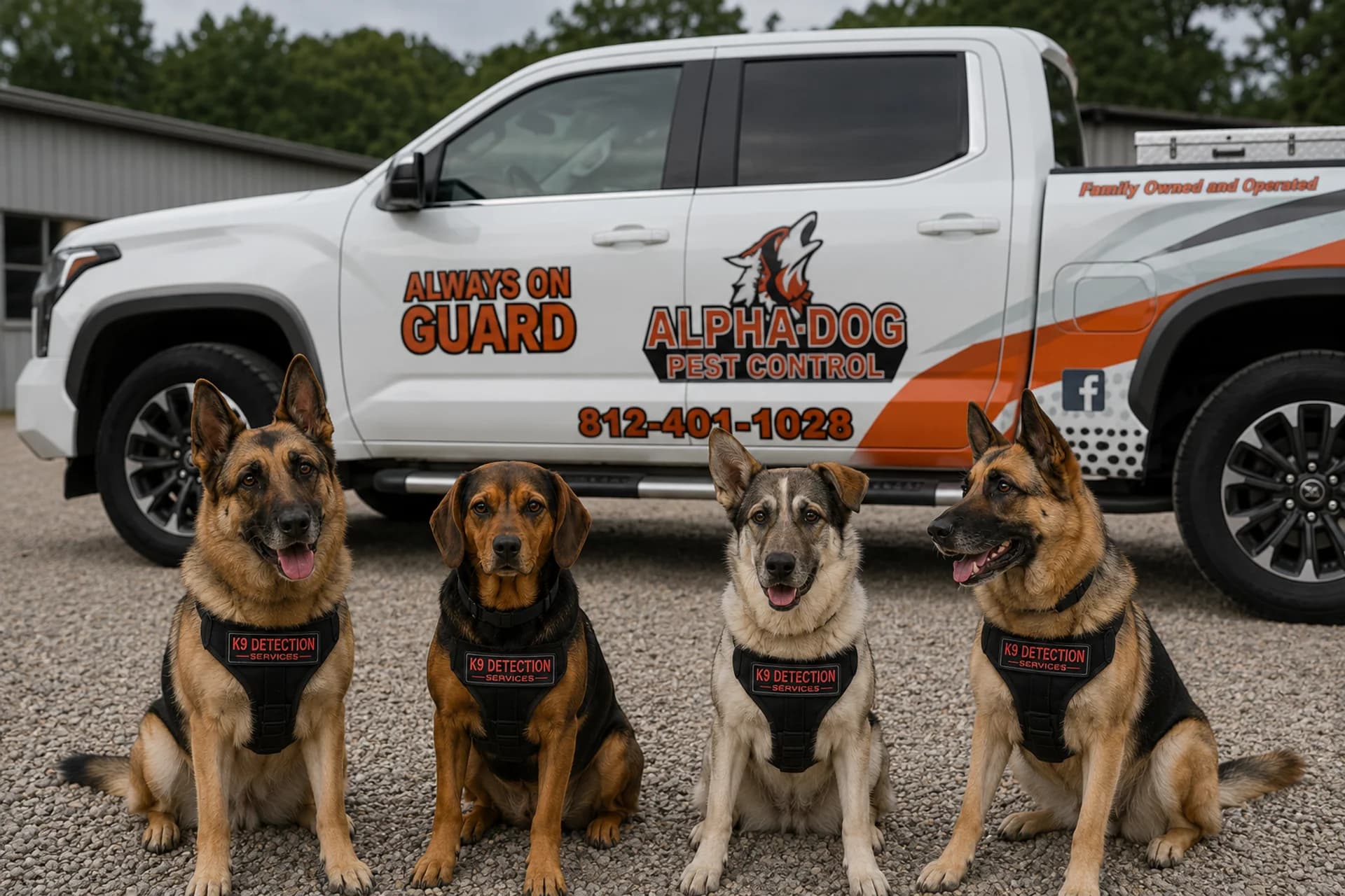 Four K9 Detections bed bug dogs seated in front of an Alpha-Dog Pest Control truck.