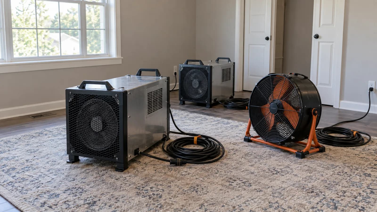 Heat treatment equipment and air movers set up inside a bedroom.
