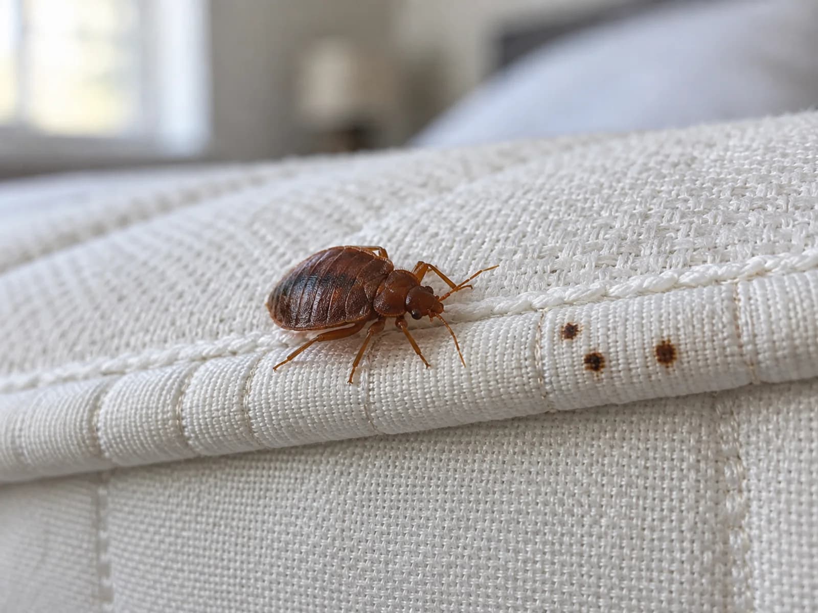 Adult bed bug, flat oval and reddish brown, on a white mattress seam beside rust-coloured spotting.