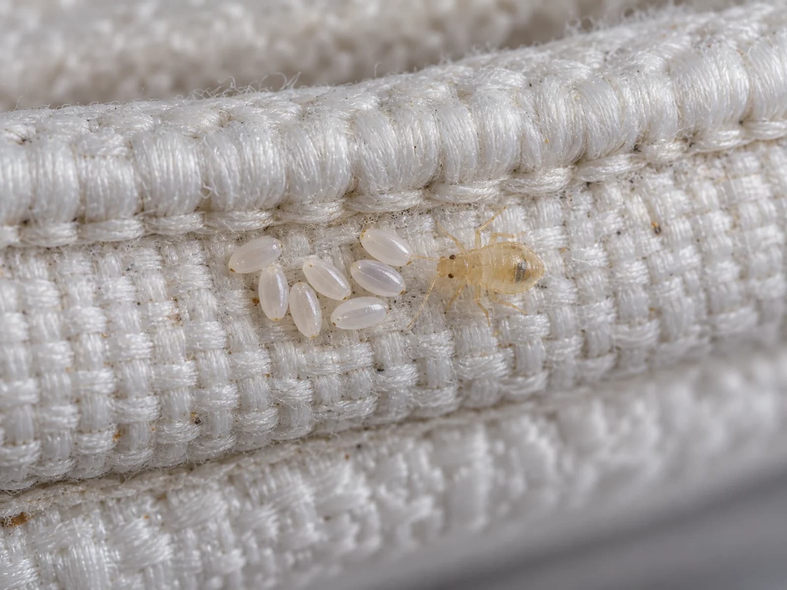 Cluster of tiny white bed bug eggs and a translucent nymph along mattress piping.