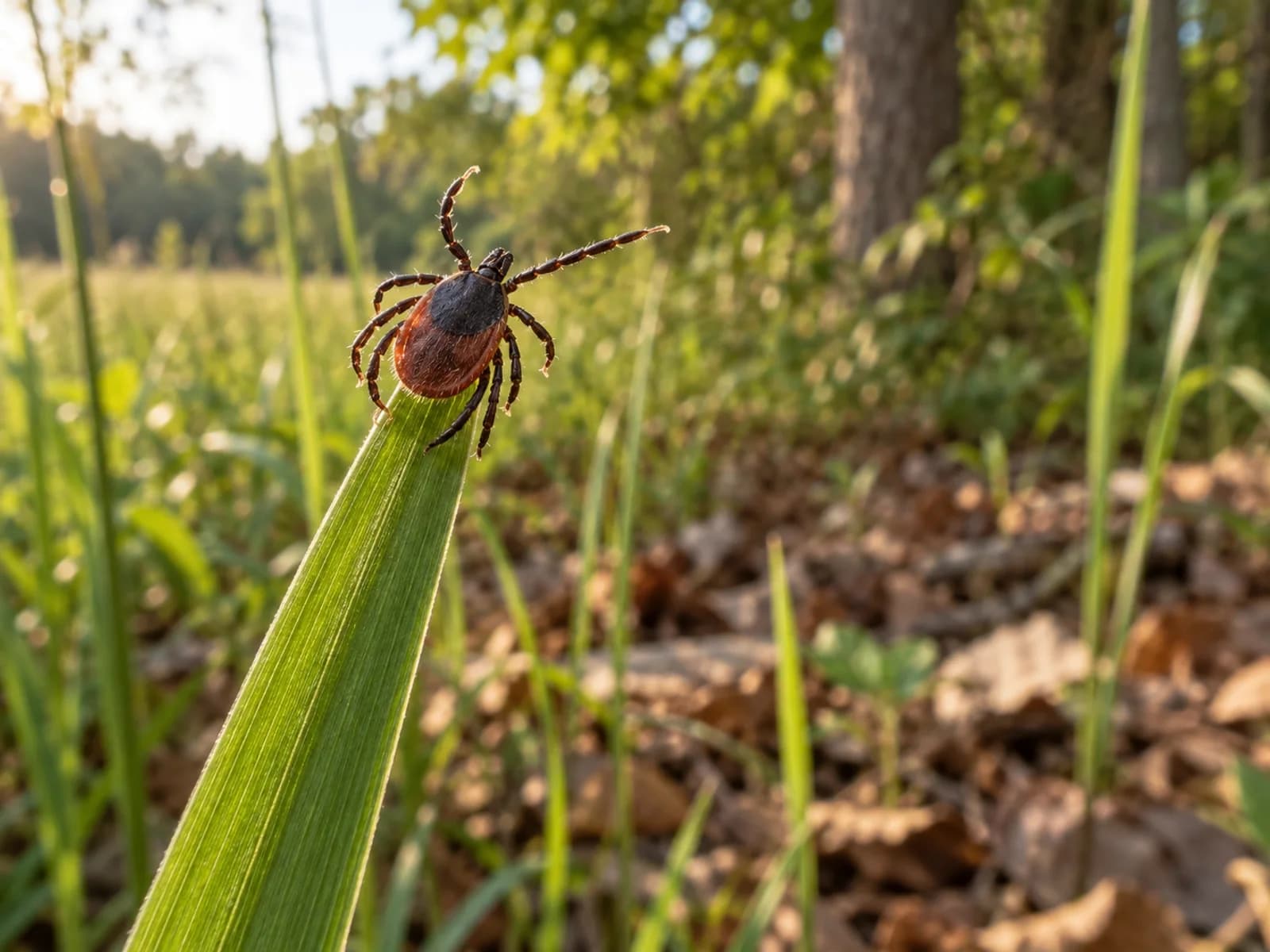 Blacklegged tick questing on a grass blade at a woodline edge.