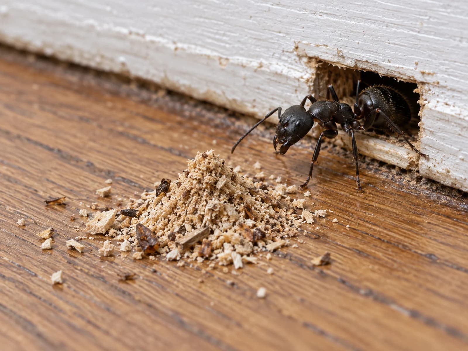 Pile of fine sawdust-like carpenter ant frass below a baseboard gap.