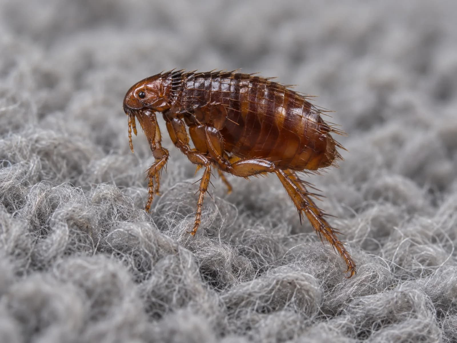 Cat flea, tall and narrow, on the fibres of a pet bed.