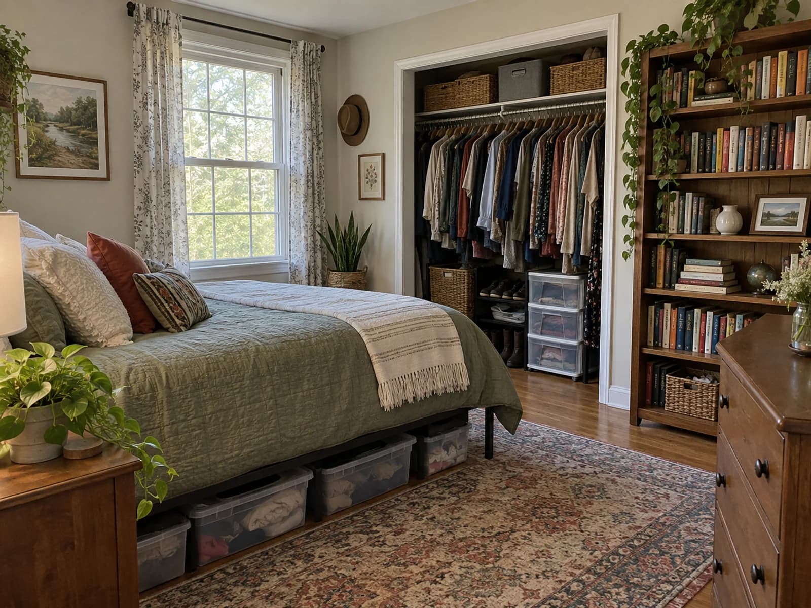 Crowded bedroom closet and stacked belongings before a heat treatment.