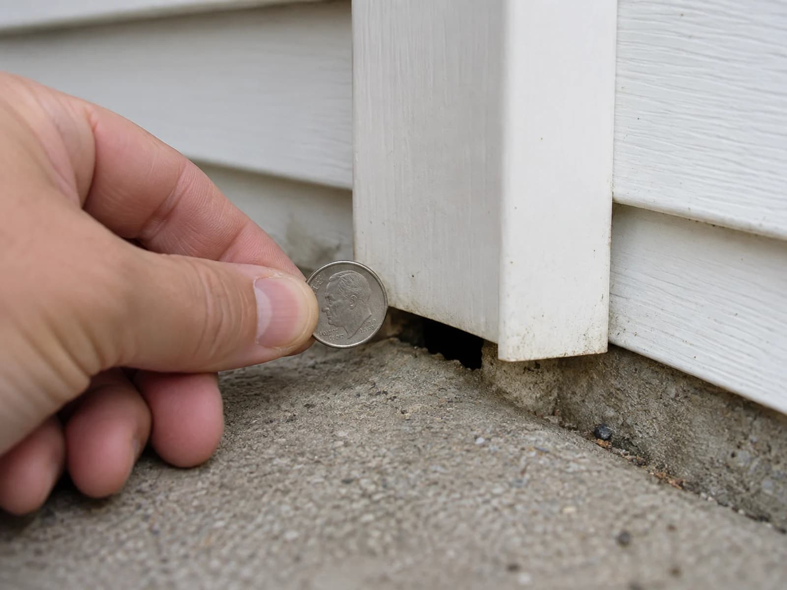 A dime held beside a gap under a siding corner post to show how little space a mouse needs.