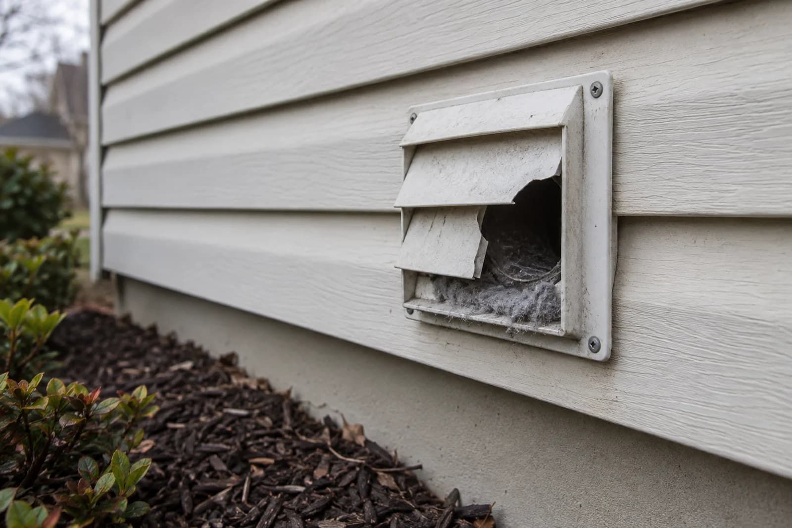 Exterior dryer vent with a broken louver on a vinyl-sided wall.