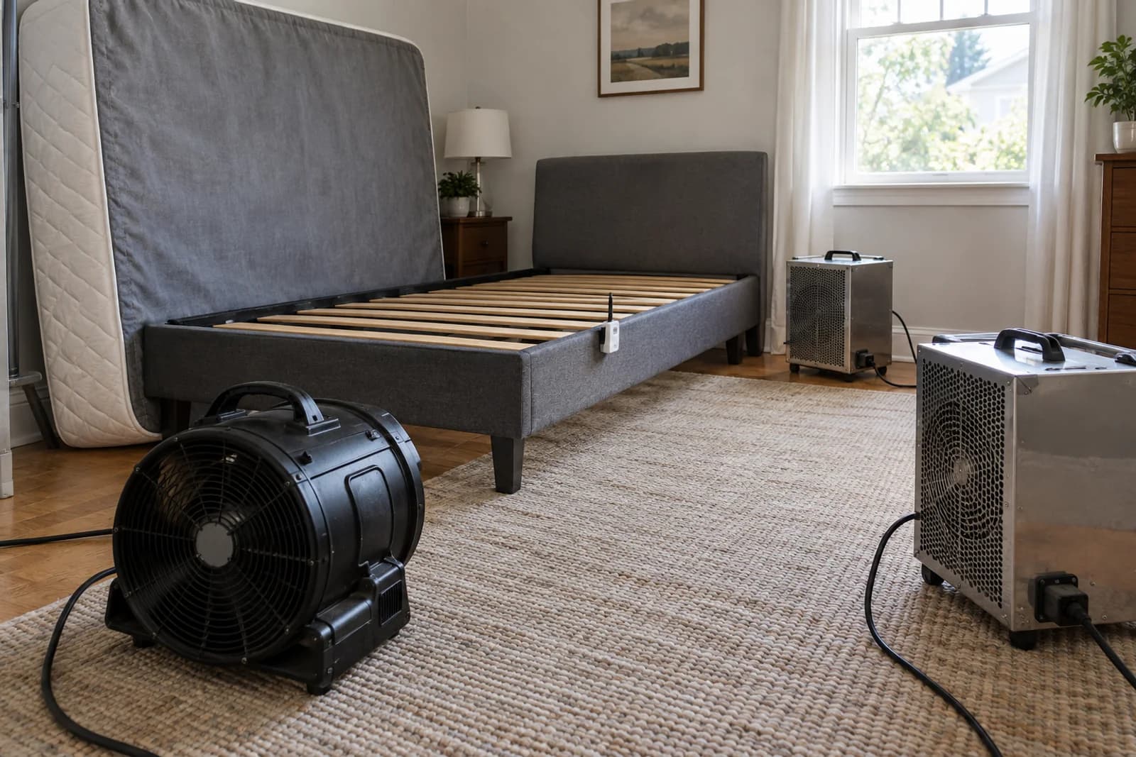 Electric heaters, air movers and a wireless temperature sensor staged in a bedroom for a heat treatment.