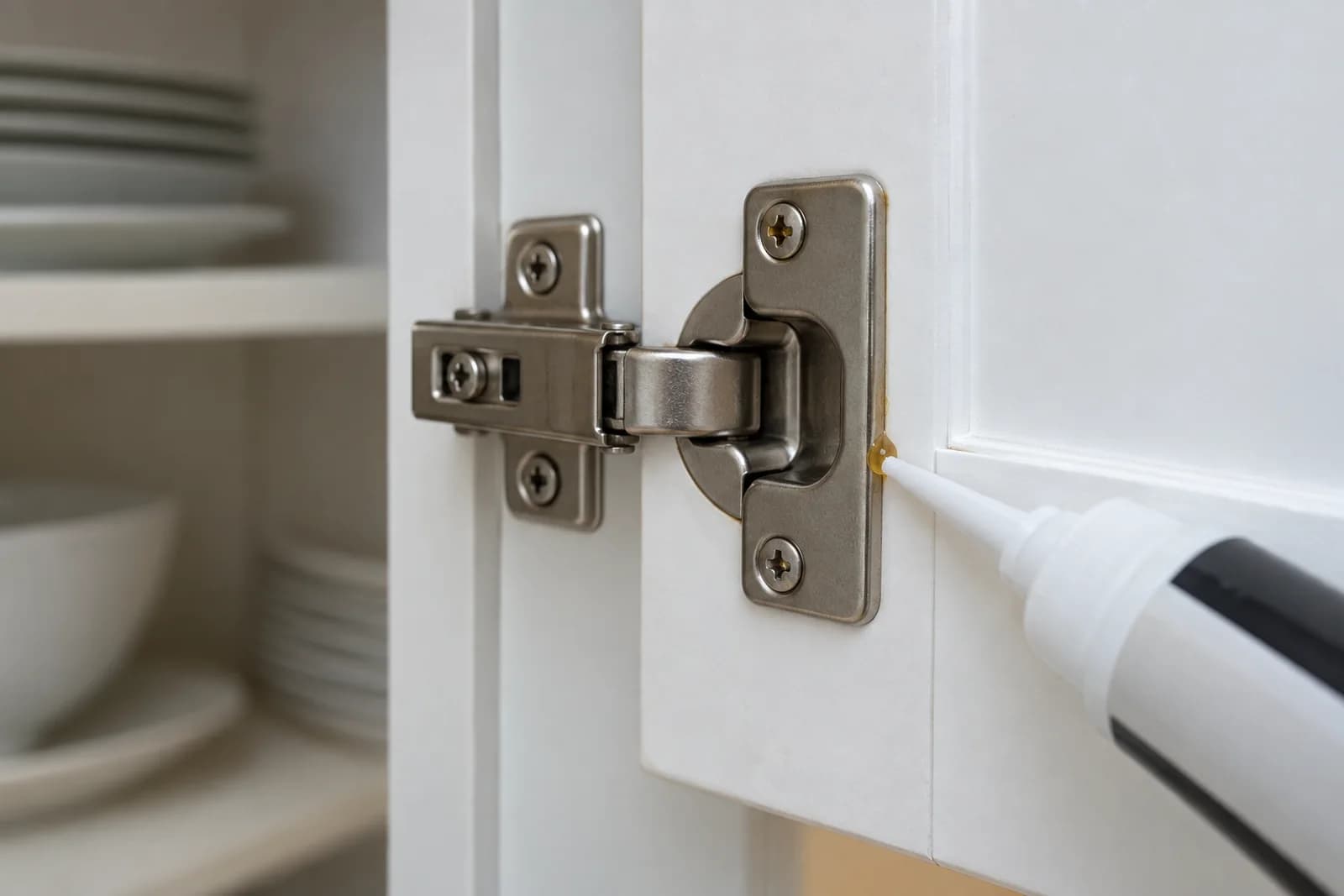 Small dot of gel bait placed in a kitchen cabinet hinge gap.