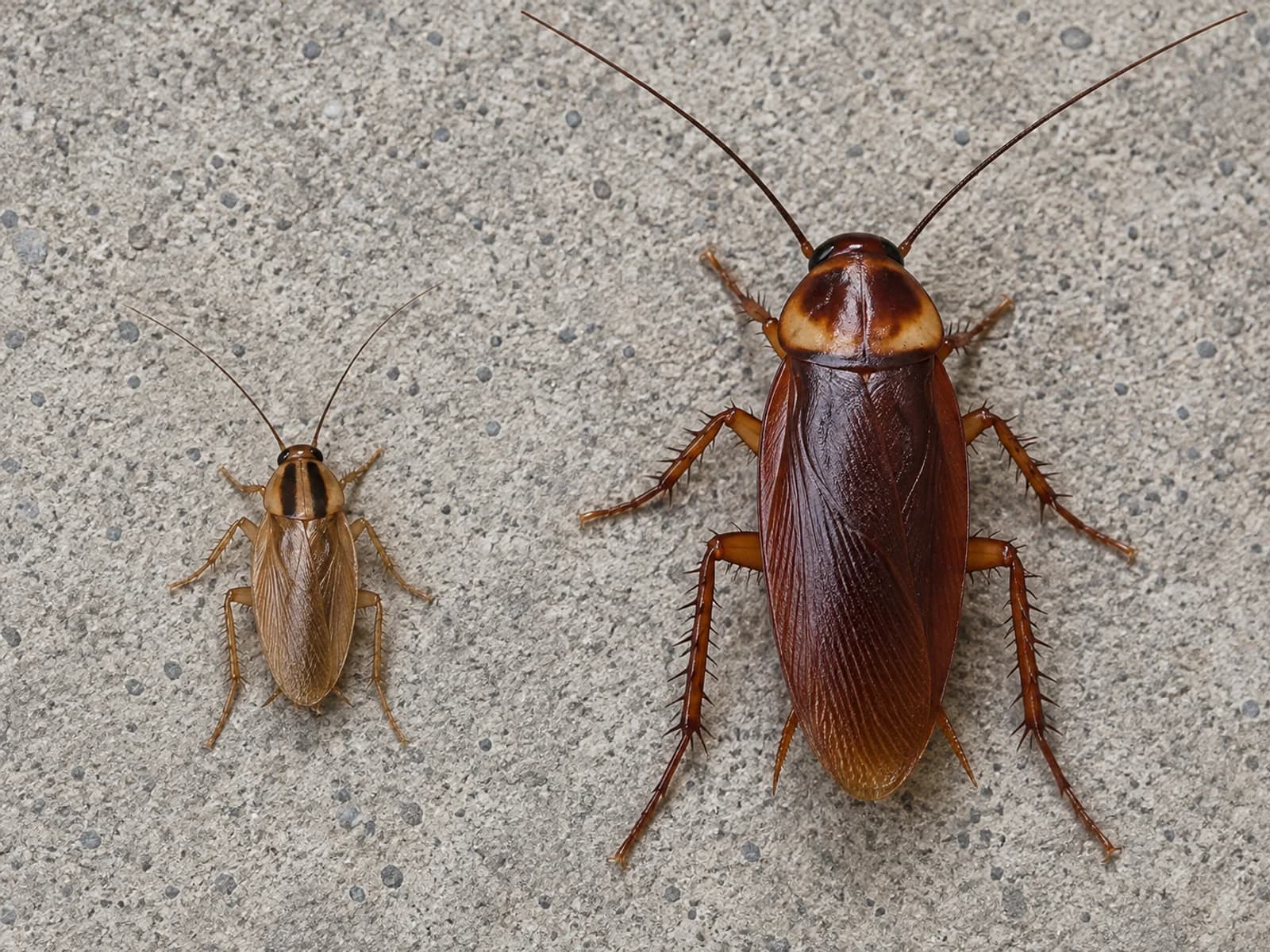 German and American cockroaches shown side by side for identification.