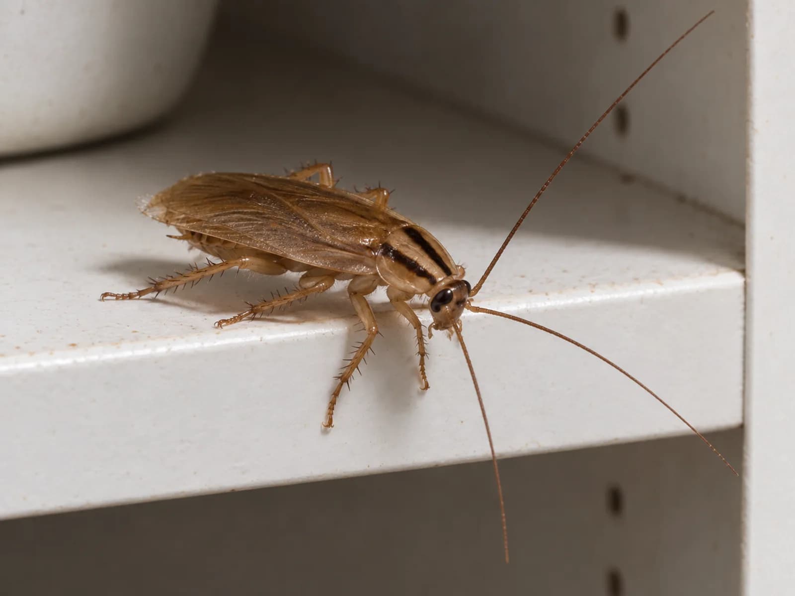 Adult German cockroach with two dark pronotum stripes on a cabinet shelf edge.