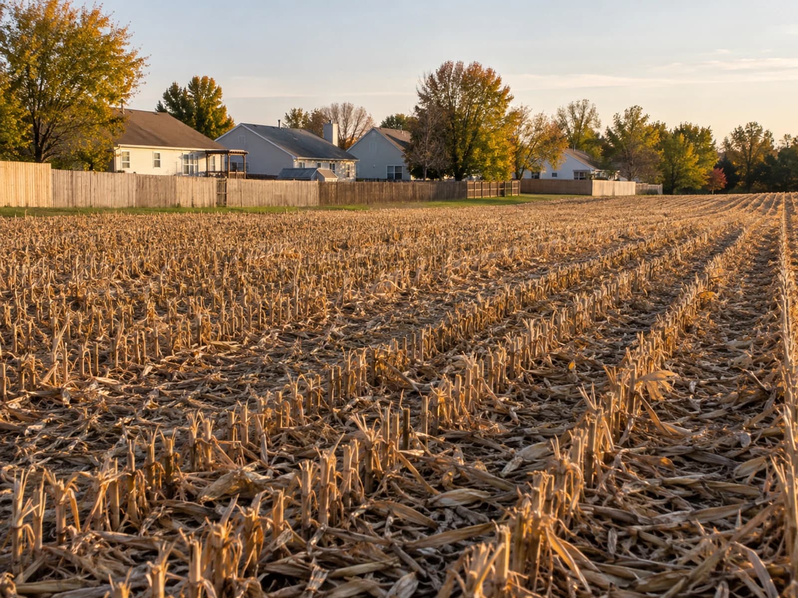 Harvested cornfield edge behind a Southern Indiana subdivision in October.