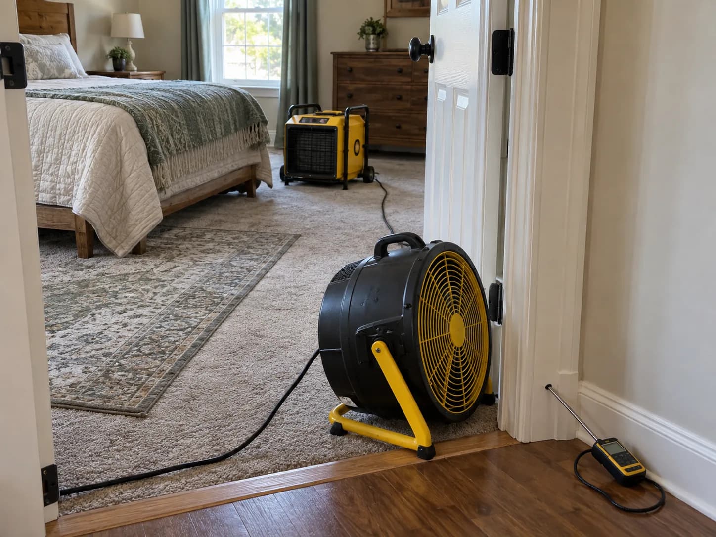 High-temperature fan positioned in a doorway to move lethal heat through a room.