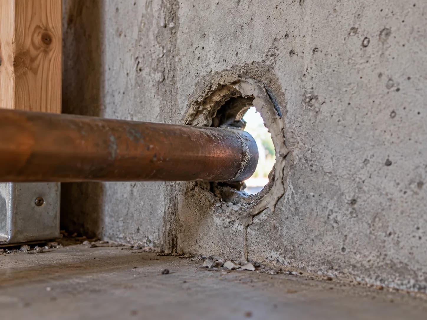 Daylight showing through a gap where a utility pipe passes through a foundation wall.