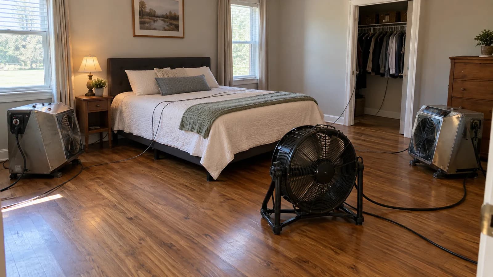 Heaters and sensors positioned in a bedroom at the start of a heat treatment cycle.
