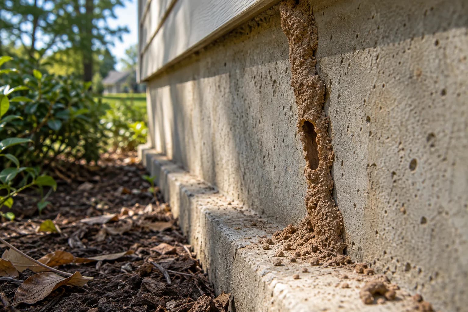 Broken mud tube on a foundation wall showing the hollow channel inside.