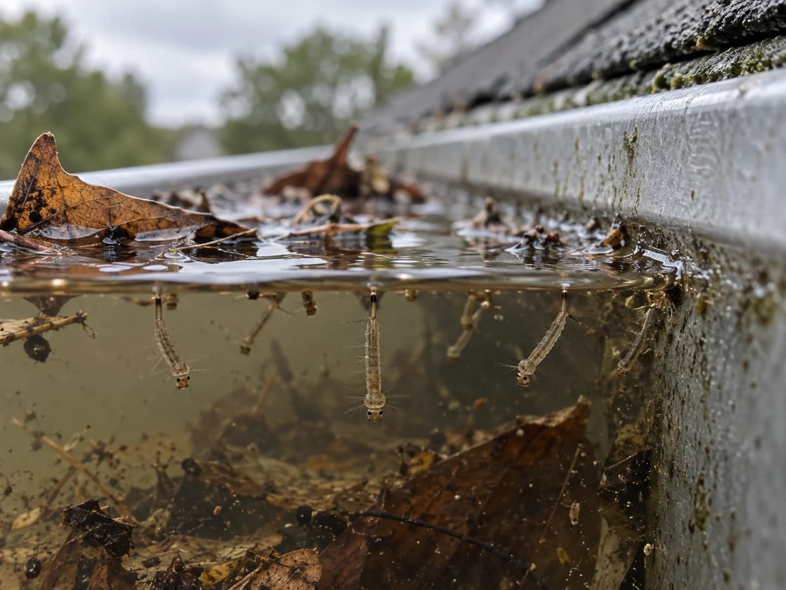 Mosquito larvae hanging at the surface of standing water in a clogged gutter.