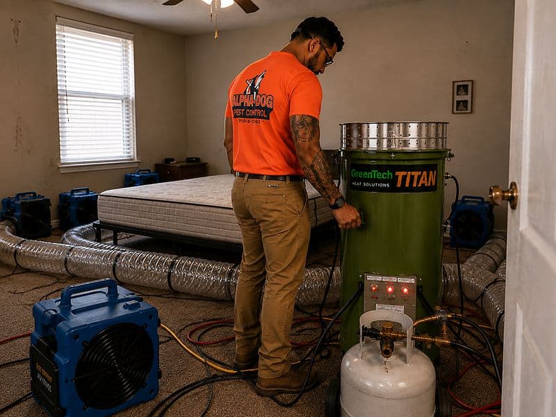 Bed bug heat treatment equipment set up and running inside a client bedroom.