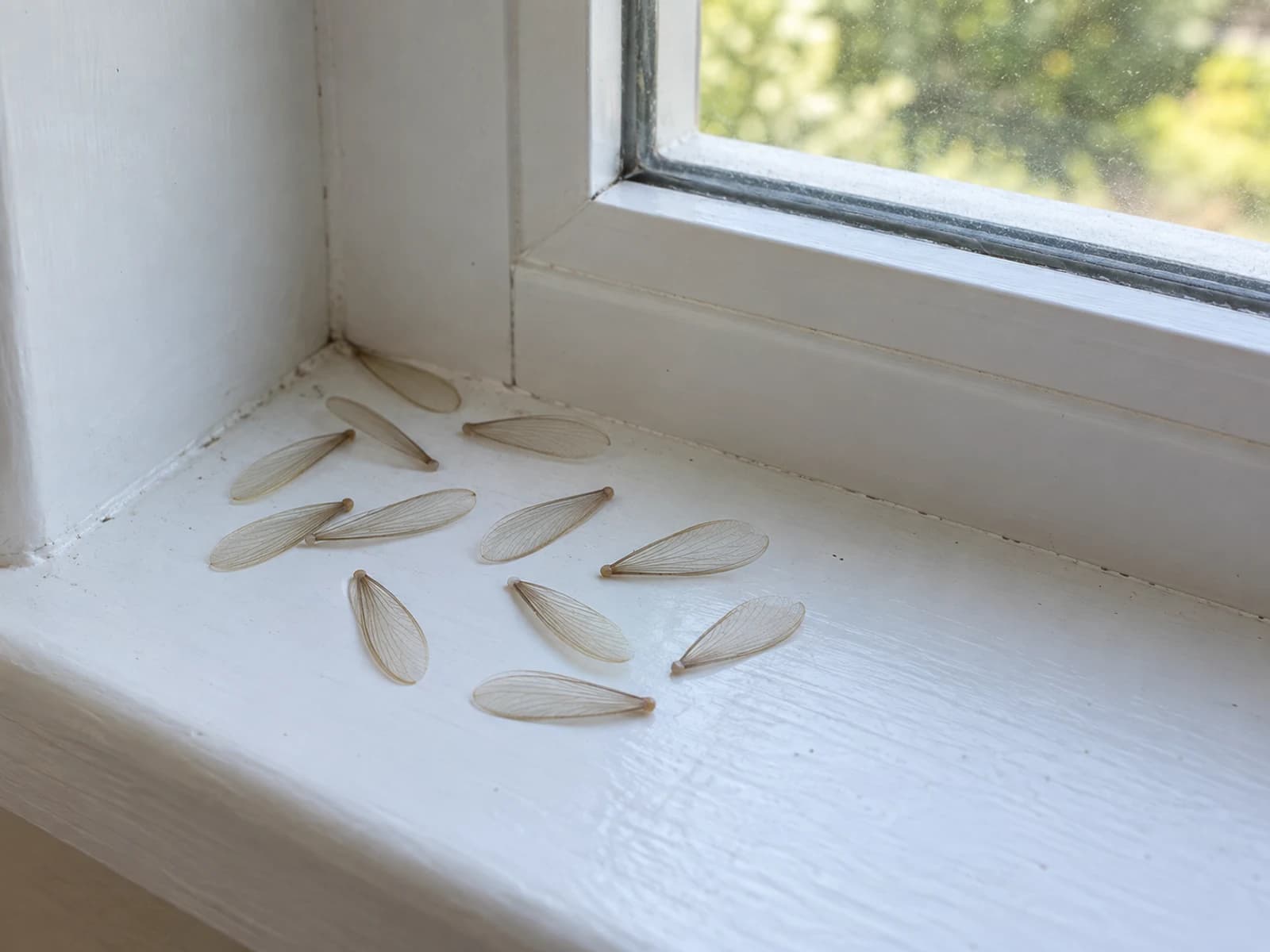 Shed termite swarmer wings on an interior window sill in spring.
