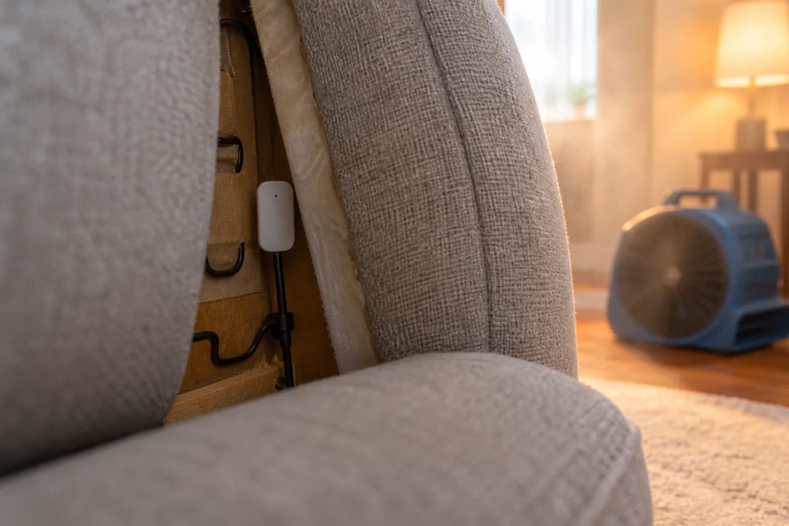Wireless temperature sensor placed deep inside a couch frame during a heat treatment.