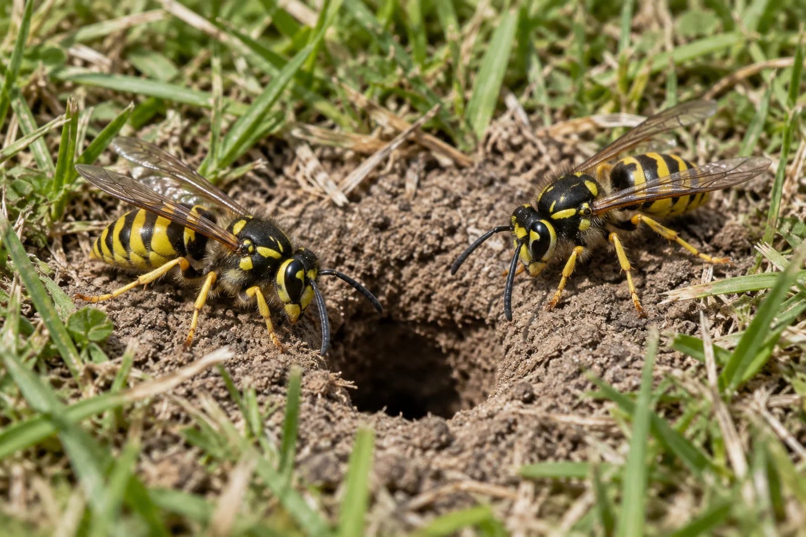 Yellowjackets at a ground nest entrance in a summer lawn.