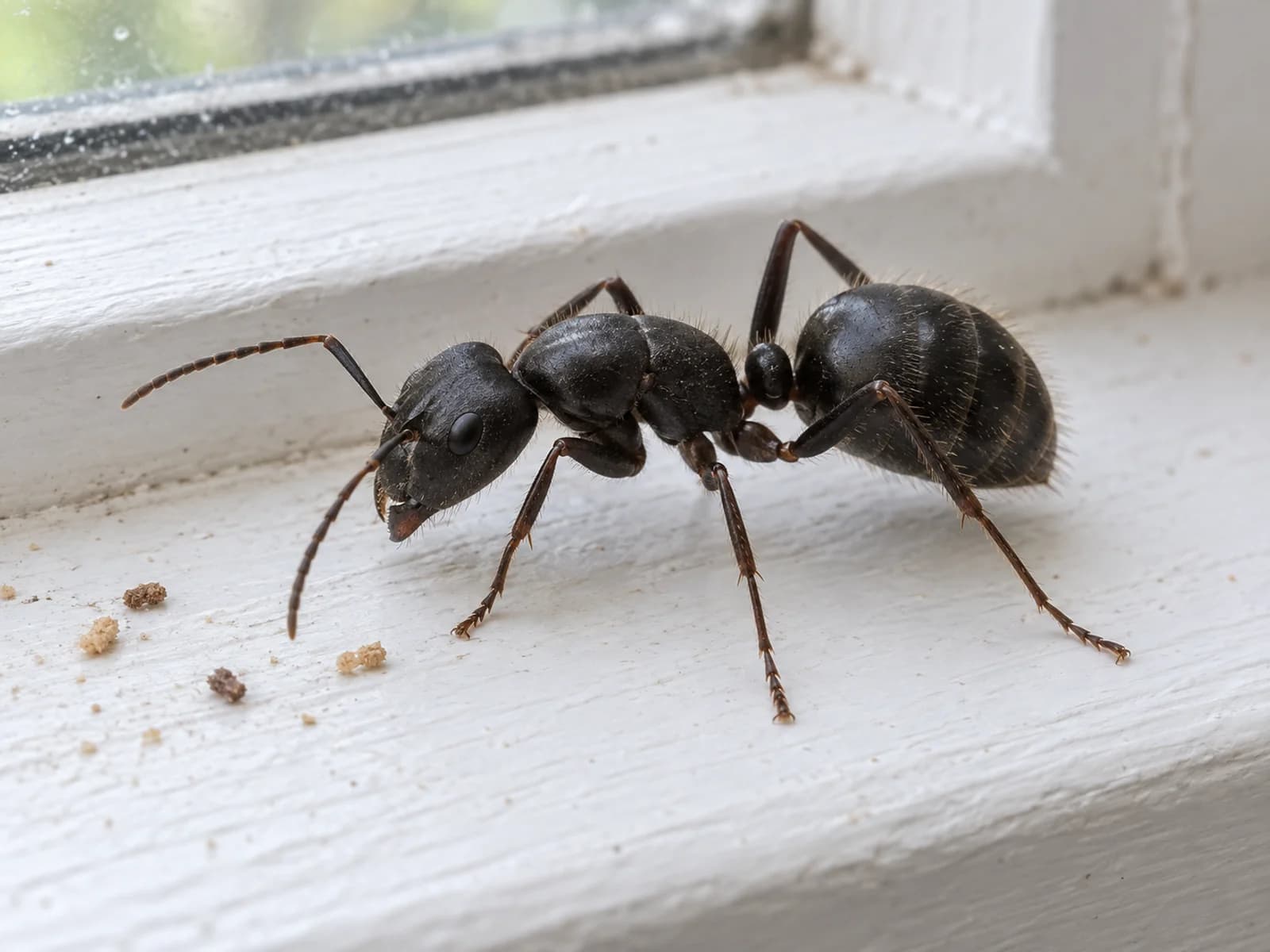 Large black carpenter ant on a painted window sill.