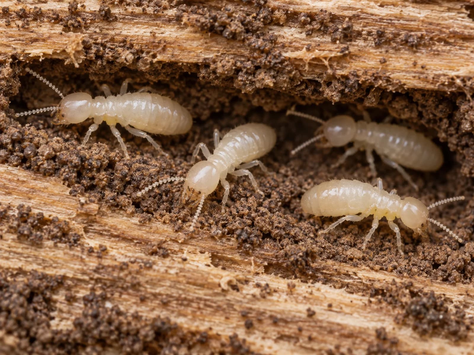 Cream-coloured Eastern subterranean termite workers in a gallery of damaged pine.