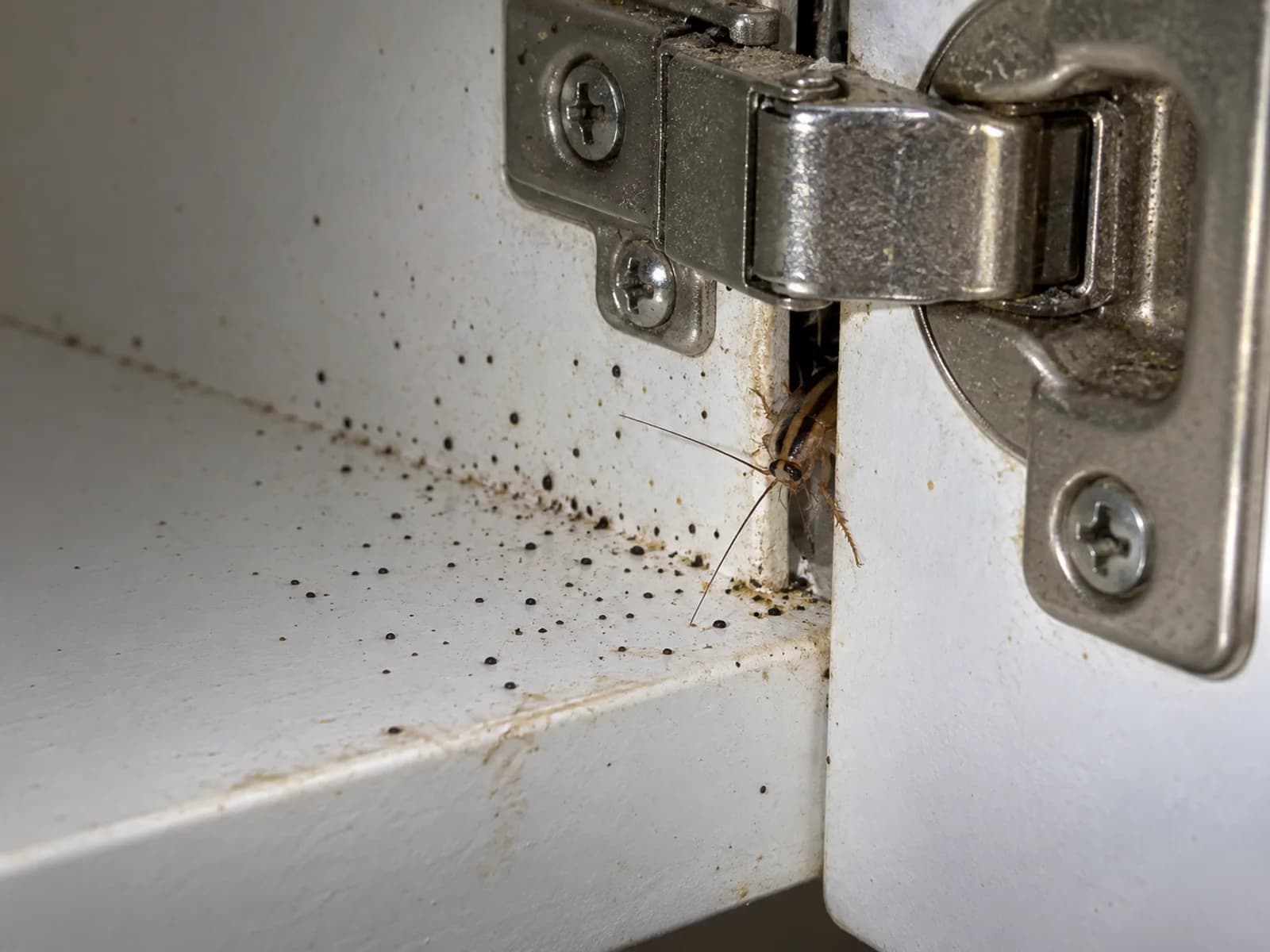 Pepper-like German cockroach droppings in the hinge corner of a kitchen cabinet.