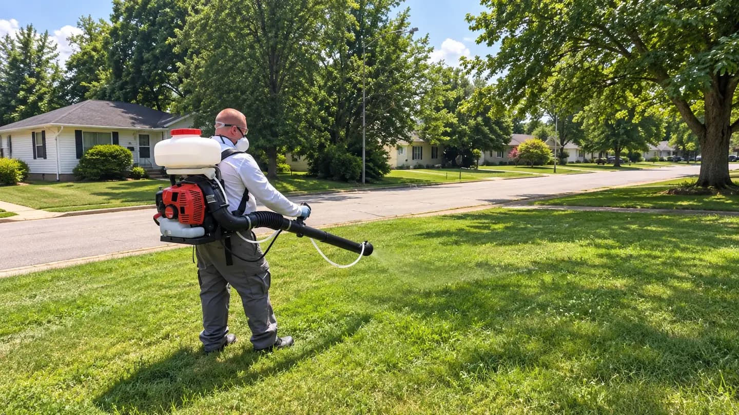 Technician treating a shaded yard edge with a backpack sprayer.