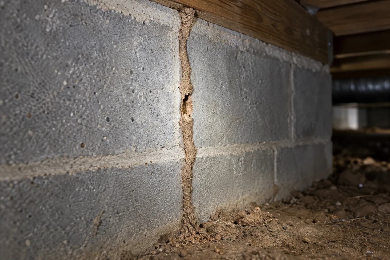 Mud tube running up an interior block foundation wall in a crawl space.
