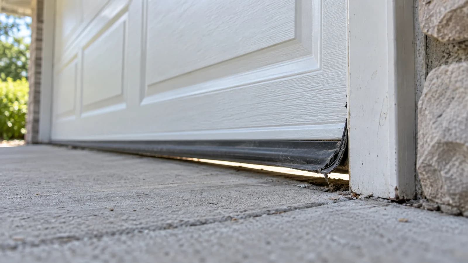 Gap under a garage door edge where daylight shows through at the corner.