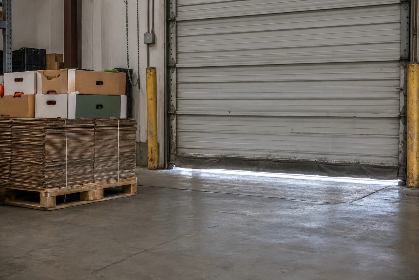 Daylight showing under a warehouse loading dock door beside stacked cardboard deliveries in Evansville.