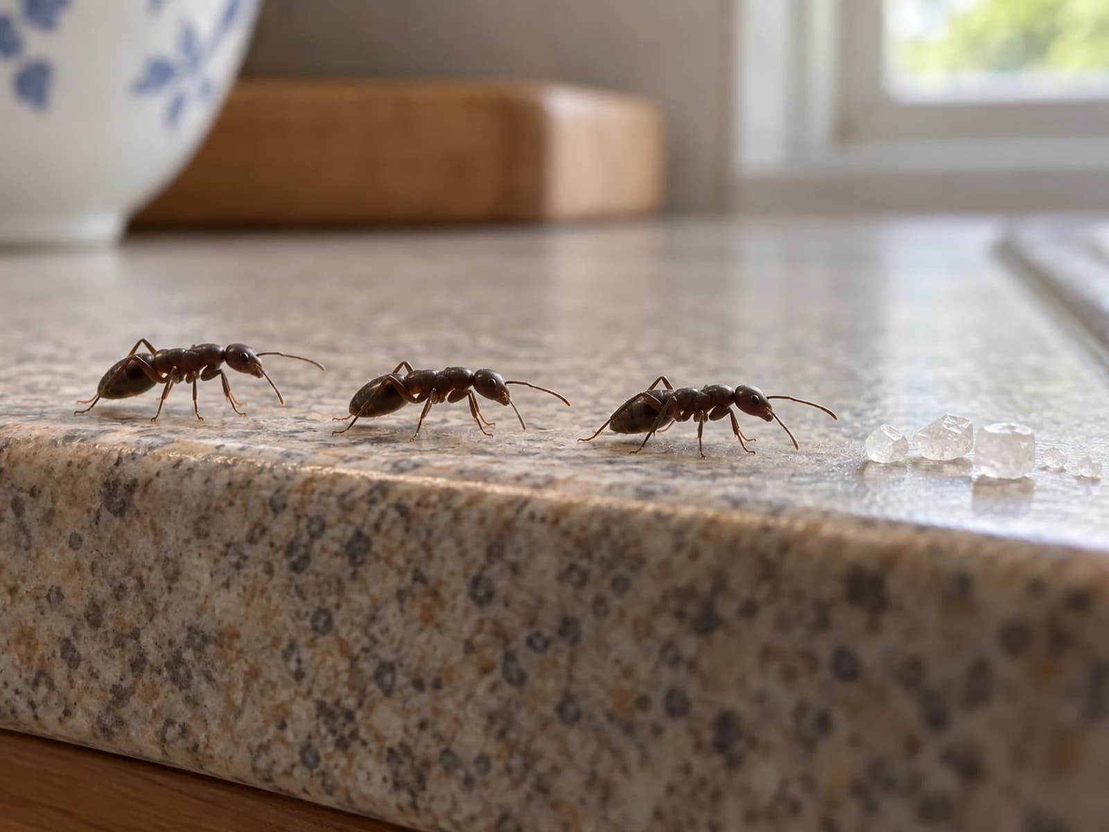 Line of small dark odorous house ants along a kitchen counter edge toward a sugar spill.