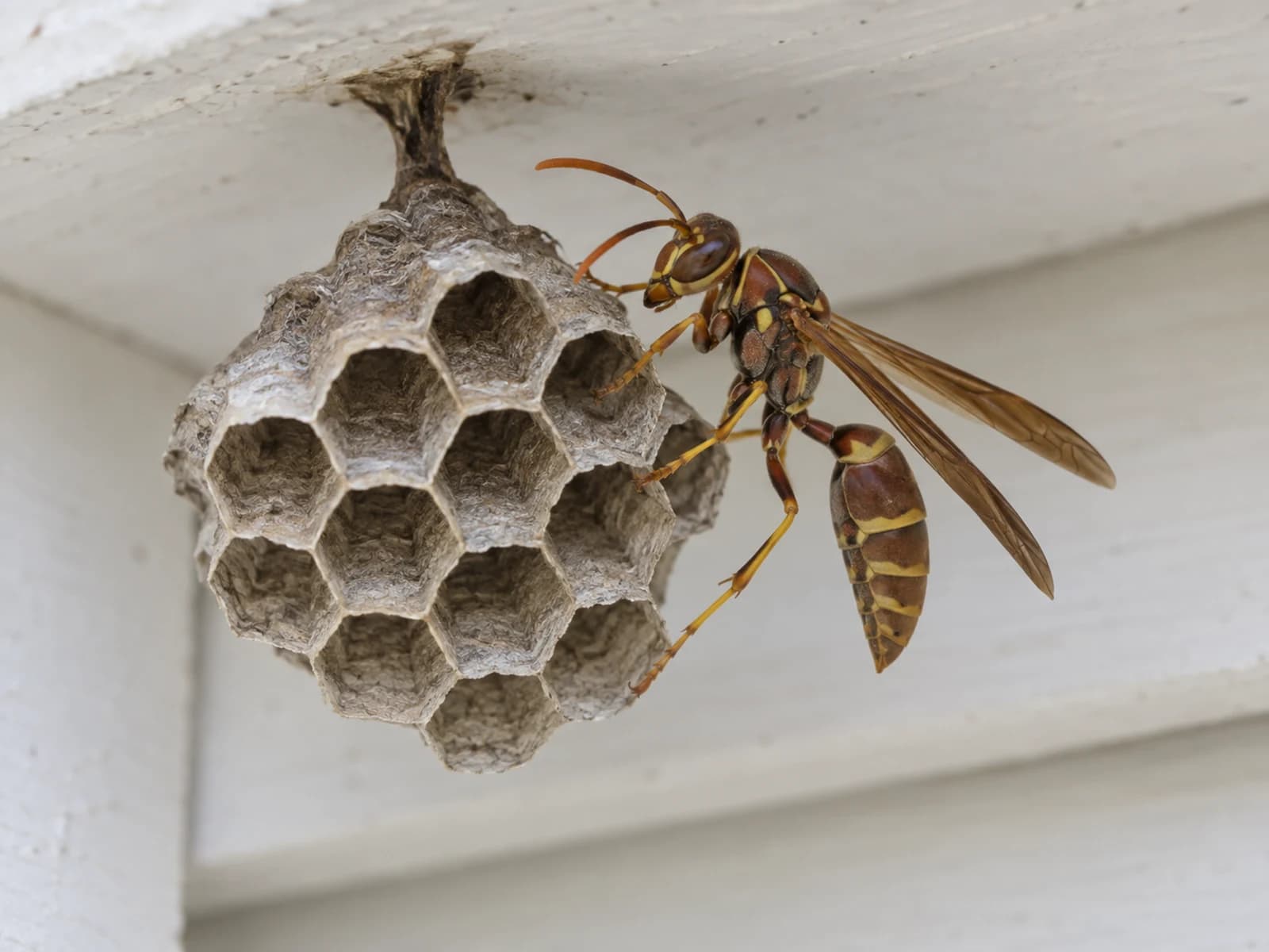 Paper wasp on an open-cell nest under a house eave.