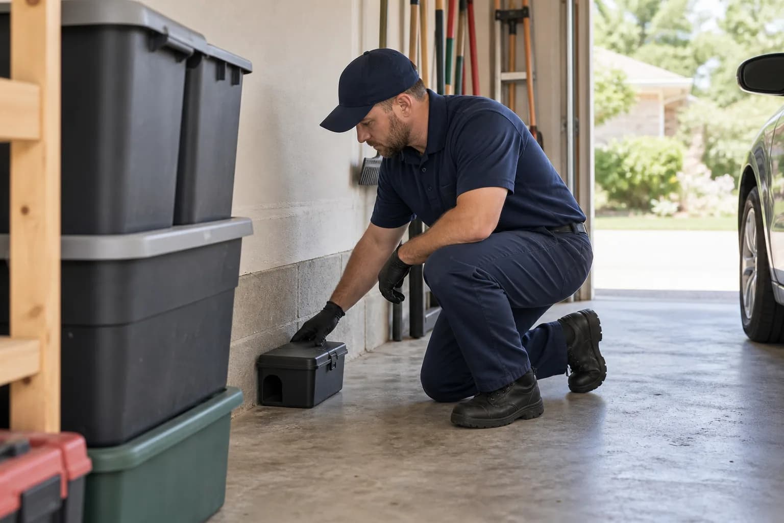 Tamper-resistant rodent station placed against a garage wall behind stored items.