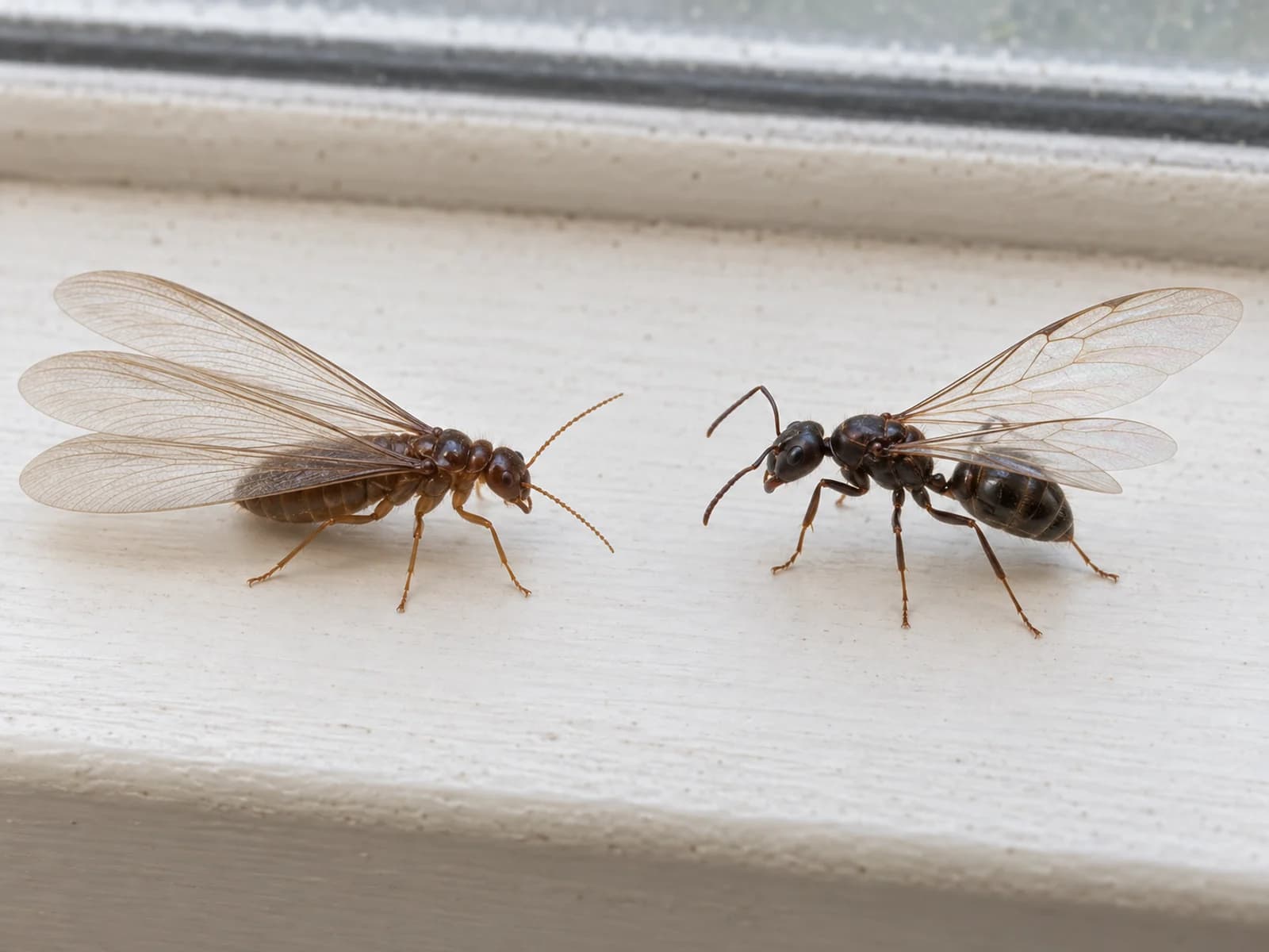 Termite swarmer with equal-length wings beside a winged ant with unequal wings.