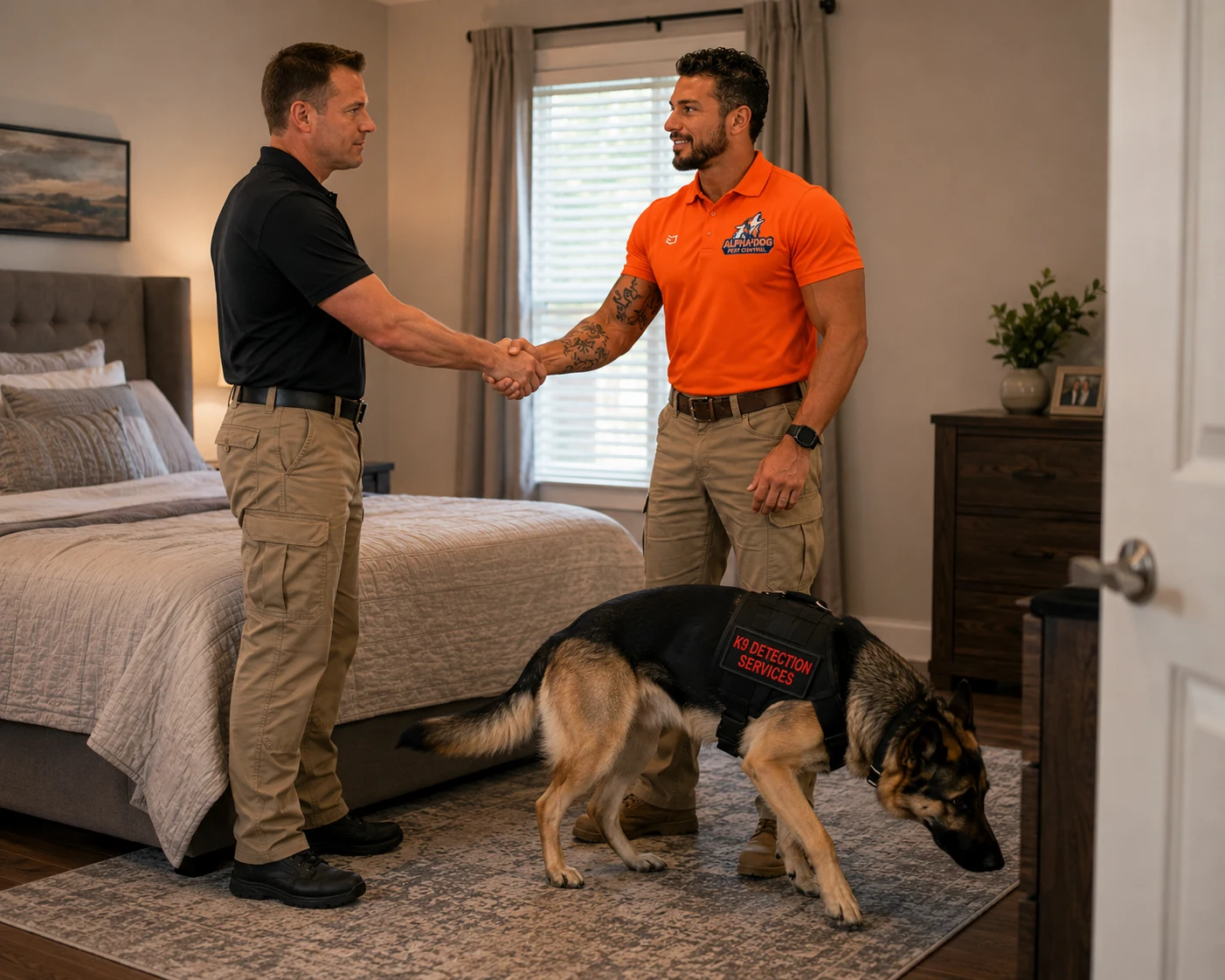Independent K9 Detections handler and dog inspecting a bedroom.